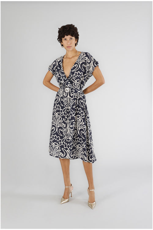 ABITO SCOLLATURA INCROCIATA IN MAROCAINE STAMPATO