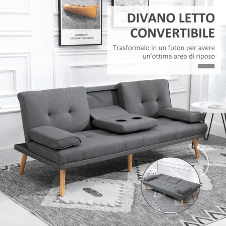 Divano Letto 3 Posti Reclinabile con 2 porta bicchieri e 2 Braccioli Staccabili, in Tessuto Effetto Lino e Legno di Pioppo, 181x77x78 cm soggiorno salotto F833-663CGA