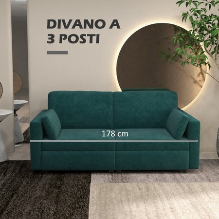 Divano 3 Posti in Velluto con Cuscini e Seduta Imbottita, 178x82x85cm, Verde soggiorno salotto ufficio studio F839-829V80DGA