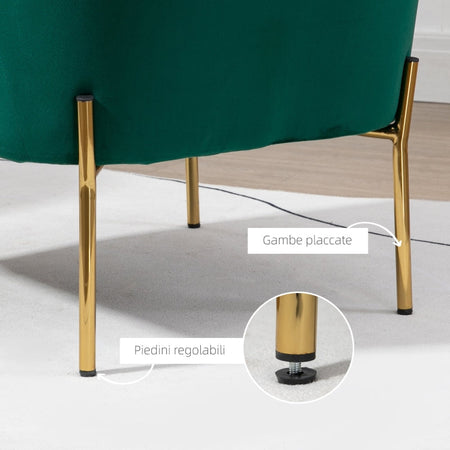 Poltrona da Camera da Letto in Tessuto Effetto Velluto con Gambe in Acciaio, 62x69x75 cm, Verde poltroncina sedia salotto soggiorno ufficio studio F839-656V00GNA