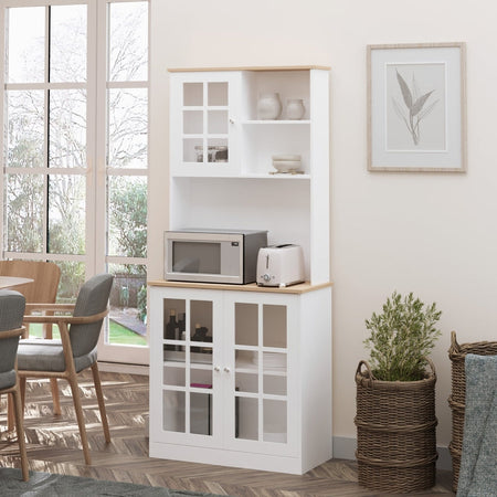 Credenza alta da cucina Moderna in Legno MDF Bianco con 2 Vetrinette 80 x 37 x 183 cm , mobile vetrina multiuso sala da pranzo soggiorno salotto ingresso ufficio studio F835-209A