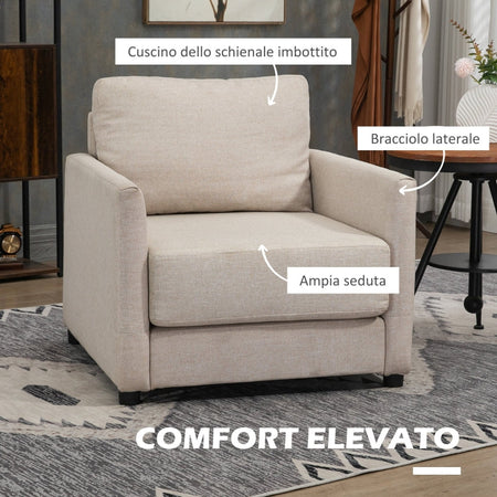 Poltrona Moderna in Tessuto Traspirante Effetto Lino con Tasca Interna, 80x85x88 cm, Beige poltroncina sedia soggiorno salotto camera ufficio studio F839-828V00BGA