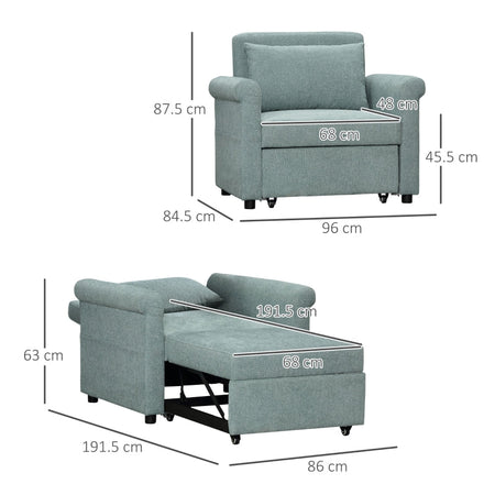 Poltrona Letto a sedia materasso brandina Lettino Singolo con Schienale Regolabile in 4 Posizioni e Seduta Imbottita, 96x84.5x87.5 cm, Verde F839-477V00GNA