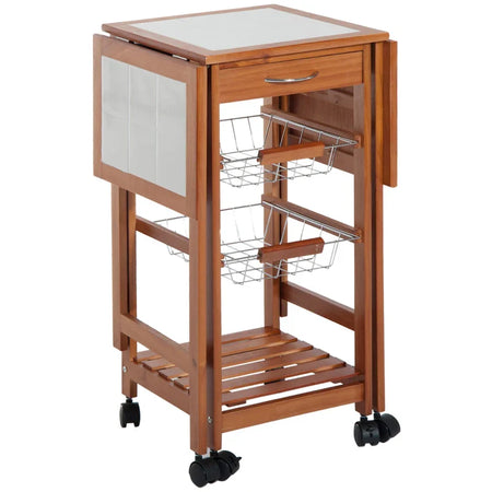 Carrello Isola da Cucina Salvaspazio in Legno di Pino, Carrello Portavivande con 4 Ruote Cassetto 3 Cesti Estraibili Portafrutta, Bianco VB5801-130WTVB5