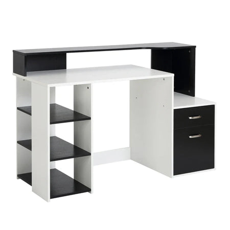 Scrivania per Ufficio con Ripiano Stampante, 2 Cassetti e 3 Mensole, in MDF Bianco e Nero, 137 x 55 x 92cm ZB4920-026ZB4