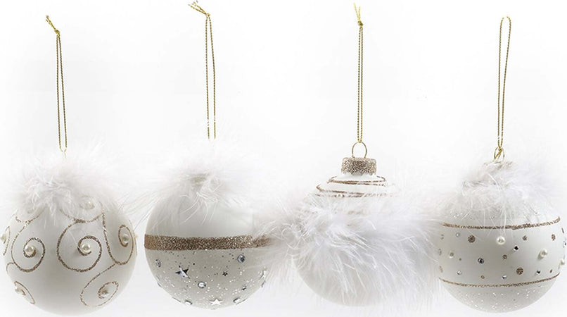 12 Palline per albero di Natale in vetro decorato con piume Ø 8 cm Casa e cucina/Decorazioni per interni/Addobbi e decorazioni per ricorrenze/Decorazioni natalizie/Addobbi e decorazioni/Palle e palline MagiediNatale.it - Altamura, Commerciovirtuoso.it