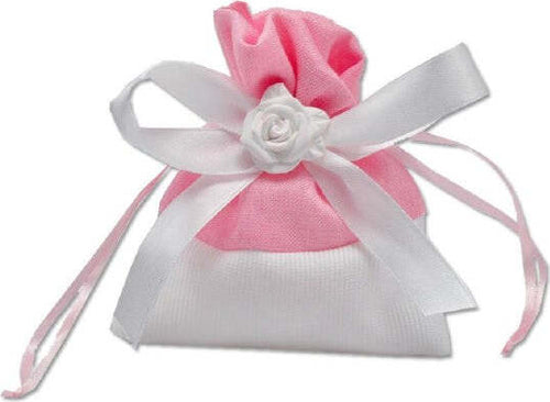12-Sacchetti-Stoffa-Porta-Confetti-Rosa-Bianca-Matrimonio-Battesimo-Bomboniera