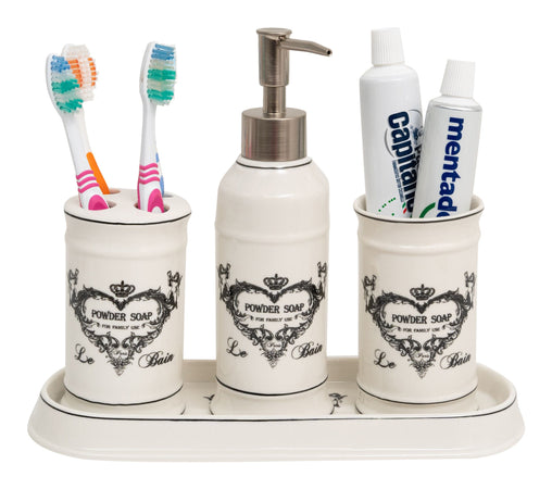 Biscottini Set bagno "Savons Superfines" 4 pezzi in porcellana bianca decorata L25xPR10xH21 cm