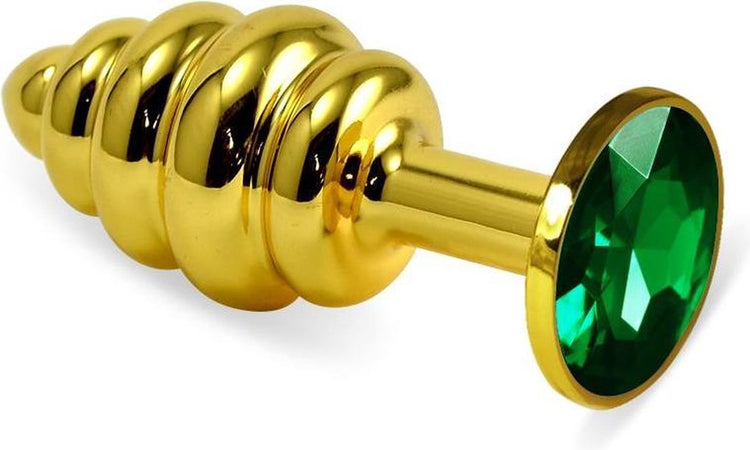 Plug Anale LoveToy metallo pesante color oro pietra verde confezione regalo