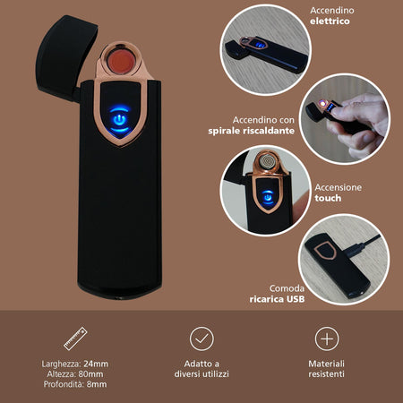 Accendino Elettrico Dual Face USB Ricaricabile Antivento Senza Fiamma Colore Nero Opale