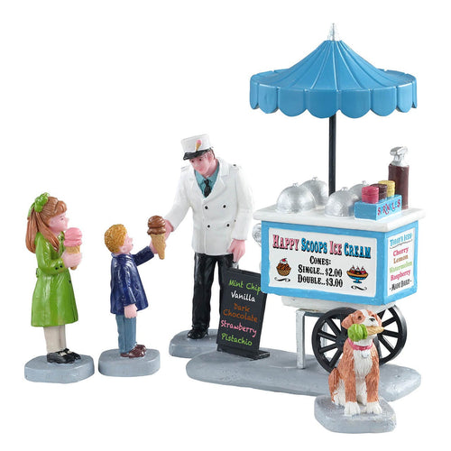 Carretto di gelati con bambini e cane, personaggi per villaggio di Natale in poliresina