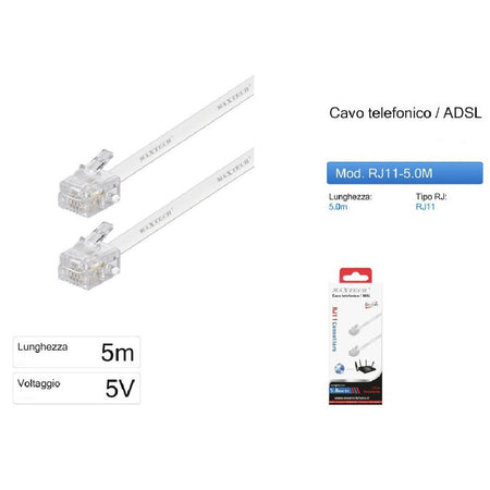 Cavo Prolunga Telefonica Rj11 5mt Collegamento Telefonico Maxtech Modem Rj11-5.0m