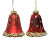 Pendenti per albero di Natale in vetro Campana Rosso Chiaro con glitter oro da 8 cm, confezione da 2 pezzi