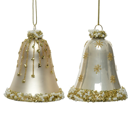 Pendenti per albero di Natale in vetro Campana Perla con glitter oro da 8 cm, confezione da 2 pezzi