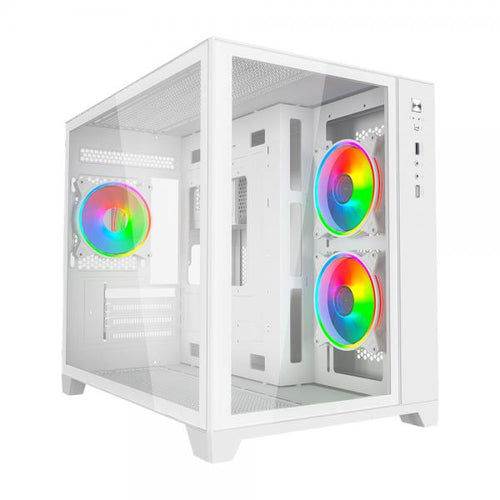 VIDA Akira V2 Bianco (Vida Akira V2 White ARGB Gaming Case w/ Glass Front & Side, Micro ATX, 3x ARGB PWM Fans, 6-Port ARGB Fan Hub & Remote Control)