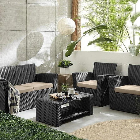 Set da Giardino in Rattan 2 Poltrone, Divano 2 posti e Tavolino con Cuscini Beige