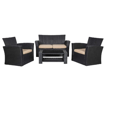 Set da Giardino in Rattan 2 Poltrone, Divano 2 posti e Tavolino con Cuscini Beige