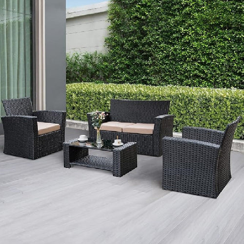 Set da Giardino in Rattan 2 Poltrone, Divano 2 posti e Tavolino con Cuscini Beige