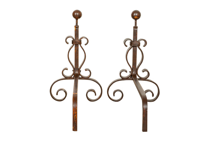 Biscottini Coppia Alari Biscottini Ferro Battuto Forgiato Mano 64x29x69 Stile Antico per