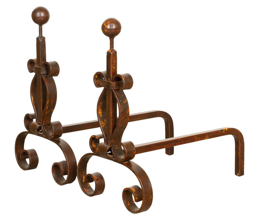 Biscottini Coppia Alari Biscottini Ferro Battuto Forgiato Mano 64x29x69 Stile Antico per