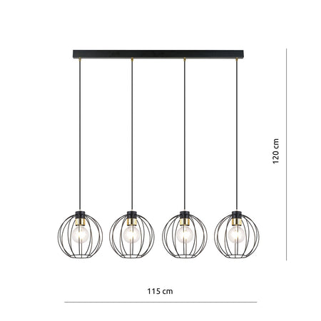 Sospensione Industrial 4 Luci Gino In Acciaio Nero A Paralumi Gabbia Con Oro