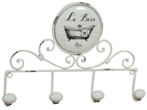 Biscottini Appendino da muro Le Bain in ferro battuto finitura bianca anticata 37x6x25 cm