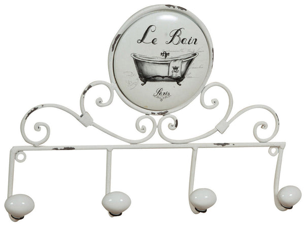 Biscottini Appendino da muro "Le Bain" in ferro battuto finitura bianca anticata 37x6x25 cm