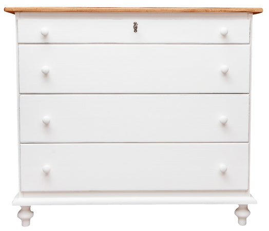 Biscottini Comò Country in legno massello di tiglio struttura bianca anticata piano finitura naturale L114xPR49xH99 cm. Made in Italy