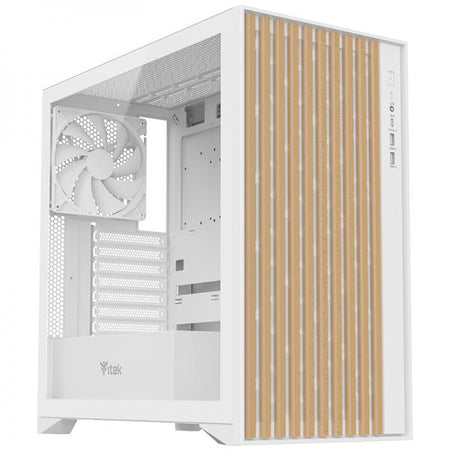 Case WOODY - Gaming Tower- ATX- 3x14cm White fan- 2xUSB3- Type-C- Wood Front- Temp Glass Side Panel- White Edtion