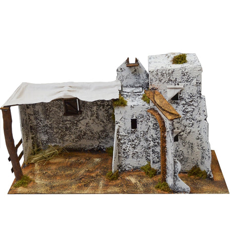 Capanna grotta vuota in legno scenario palestinese con luci per natività presepe natalizio