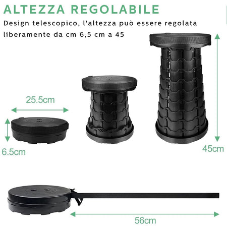 Sgabello Pieghevole Portatile Telescopico, Regolabile in Altezza, Leggero, per Interni ed Esterni