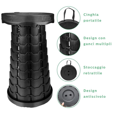 Sgabello Pieghevole Portatile Telescopico, Regolabile in Altezza, Leggero, per Interni ed Esterni