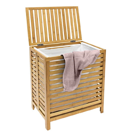 Cesto Porta Biancheria Sporca Legno Bambù con Sacco Tessuto Rimovibile 100lt 50x35H60cm