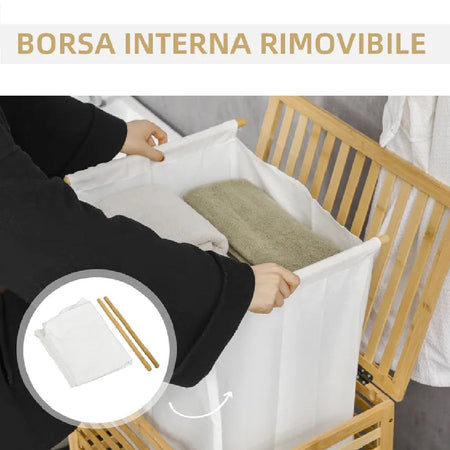 Cesto Porta Biancheria Sporca Legno Bambù con Sacco Tessuto Rimovibile 100lt 50x35H60cm