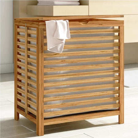Cesto Porta Biancheria Sporca Legno Bambù con Sacco Tessuto Rimovibile 100lt 50x35H60cm