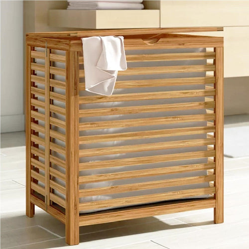 Cesto Porta Biancheria Sporca Legno Bambù con Sacco Tessuto Rimovibile 100lt 50x35H60cm