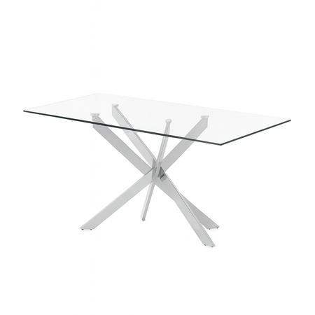 Tavolo "Terra" con gambe incrociate in metallo cromato e piano in vetro temperato, design moderno per arredo interno