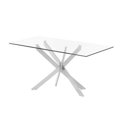 Tavolo Terra con gambe incrociate in metallo cromato e piano in vetro temperato, design moderno per arredo interno