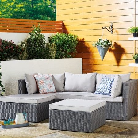 Set da Giardino Polyrattan con Pouf e Cuscini per 5 persone Arredamento Esterno Grigio Chiaro