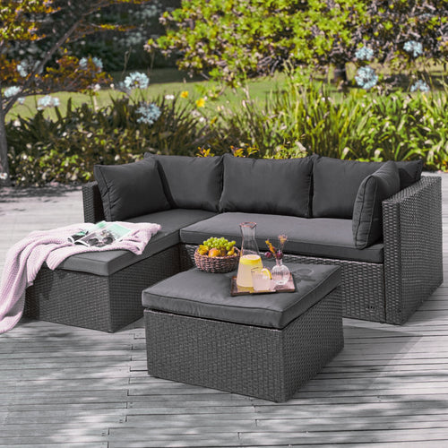 Set da Giardino Polyrattan con Pouf e Cuscini per 5 persone Arredamento Esterno Grigio