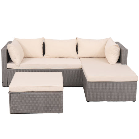 Set da Giardino Polyrattan con Pouf e Cuscini per 5 persone Arredamento Esterno Beige