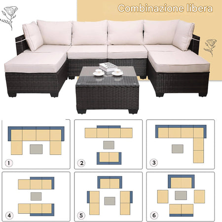 Set Divano Modulabile da Giardino in Polyrattan Cuscini Sfoderabili Beige Tavolino