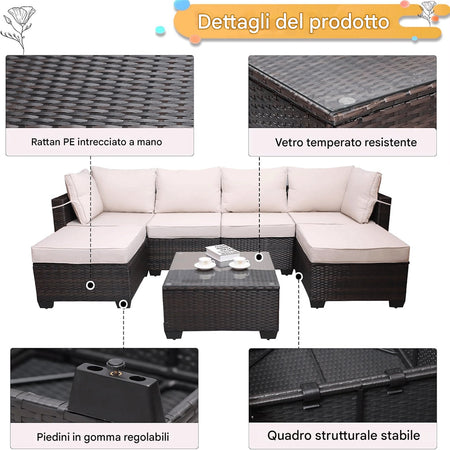 Set Divano Modulabile da Giardino in Polyrattan Cuscini Sfoderabili Beige Tavolino