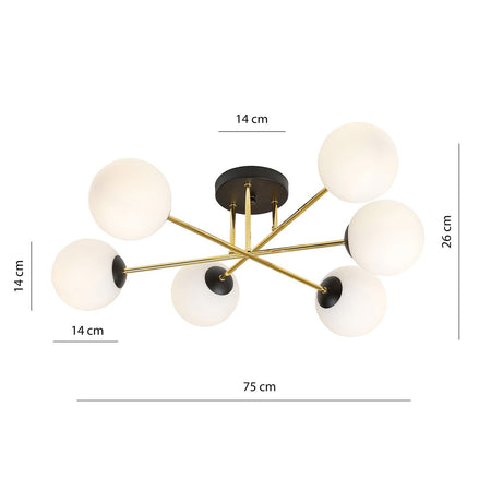Plafoniera Moderna Magnium 6 Luci In Acciao Nero Oro E Sfere In Vetro Bianco
