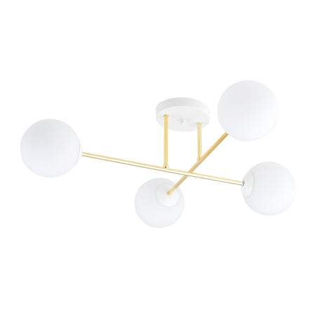Plafoniera Moderna Magnium 4 Luci In Acciao Oro E Sfere In Vetro Bianco