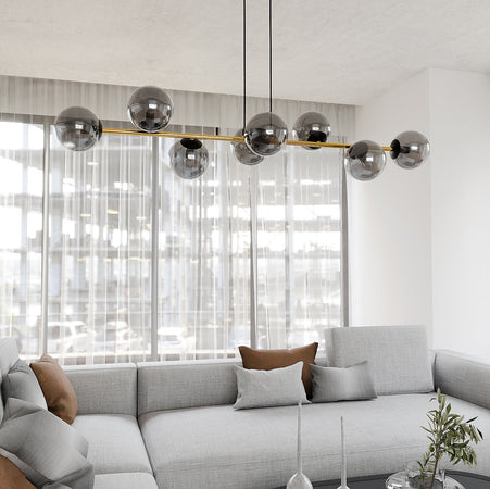 Sospensione Contemporanea Gravity 8 Luci In Acciaio Oro E Sfere In Vetro Fumè