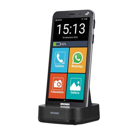 BRONDI AMICO VERO 4G (NERO) - SMARTPHONE PER ANZIANI - TASTO SOS - TORCIA - GPS - NOTIFICA AI PARENTI IN CASO DI CADUTA - CONTROLLO REMOTO - FOTOCAMERA - BASE DI RICARICA - CONNETTIVITA 4G