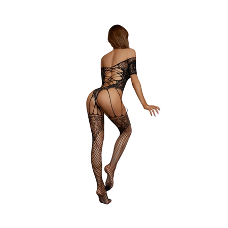 Bodystocking Sexy Donna Nero Catsuit in Rete Effetto Corsetto e Calze Lingerie