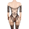 Bodystocking Sexy Donna Nero Catsuit in Rete Effetto Corsetto e Calze Lingerie