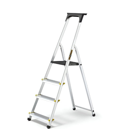 Drabest Scala In Alluminio Con Ripiano, 4 Gradini, Scala A Pioli Fino A 150 Kg, Scala Domestica, Scala Pieghevole (4 Livelli)